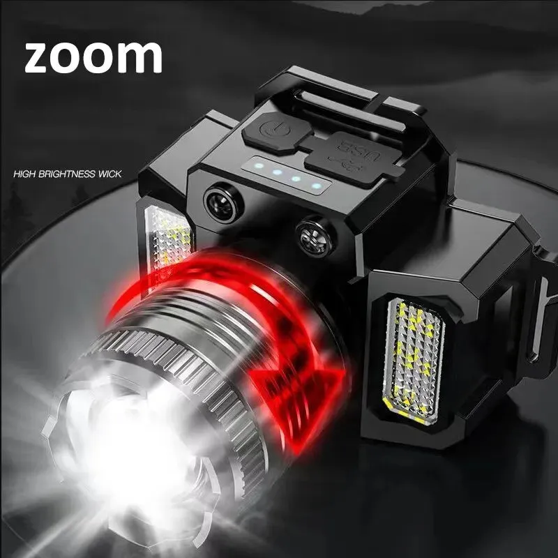 High Power LED Sensor Headlamp Zoomable Headlight Rechargeable Fishing Light With Red Blue Light and COB Side Light