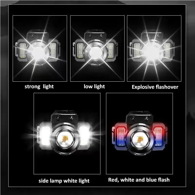 High Power LED Sensor Headlamp Zoomable Headlight Rechargeable Fishing Light With Red Blue Light and COB Side Light