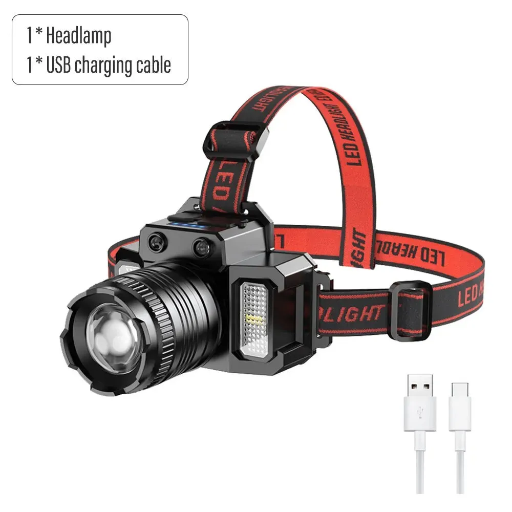 High Power LED Sensor Headlamp Zoomable Headlight Rechargeable Fishing Light With Red Blue Light and COB Side Light