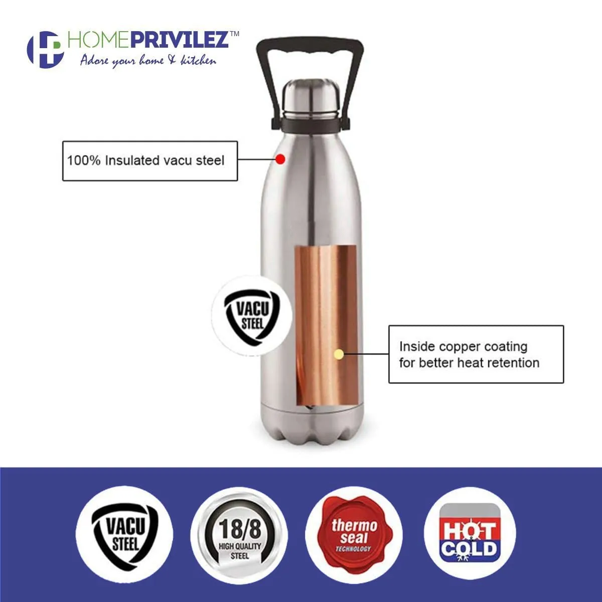 HOMEPRIVILEZ TWINBOT Thermosteel 24 Hours Hot and Cold Water Bottle-Silver (1500ml)