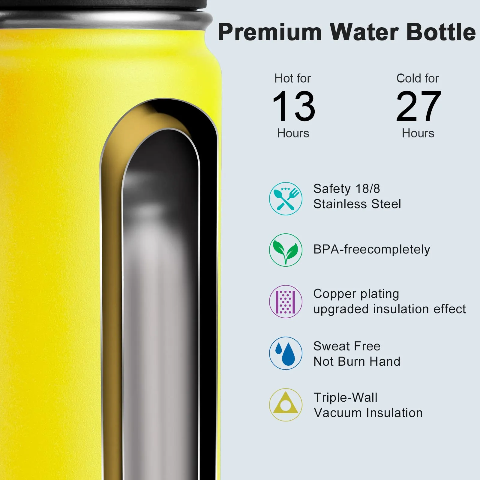 Koodee Kids Water Bottle 12 oz Stainless Steel Triple Wall Vacuum Insulated Wide Mouth Bottle with Leakproof Spout Lid (Yellow)