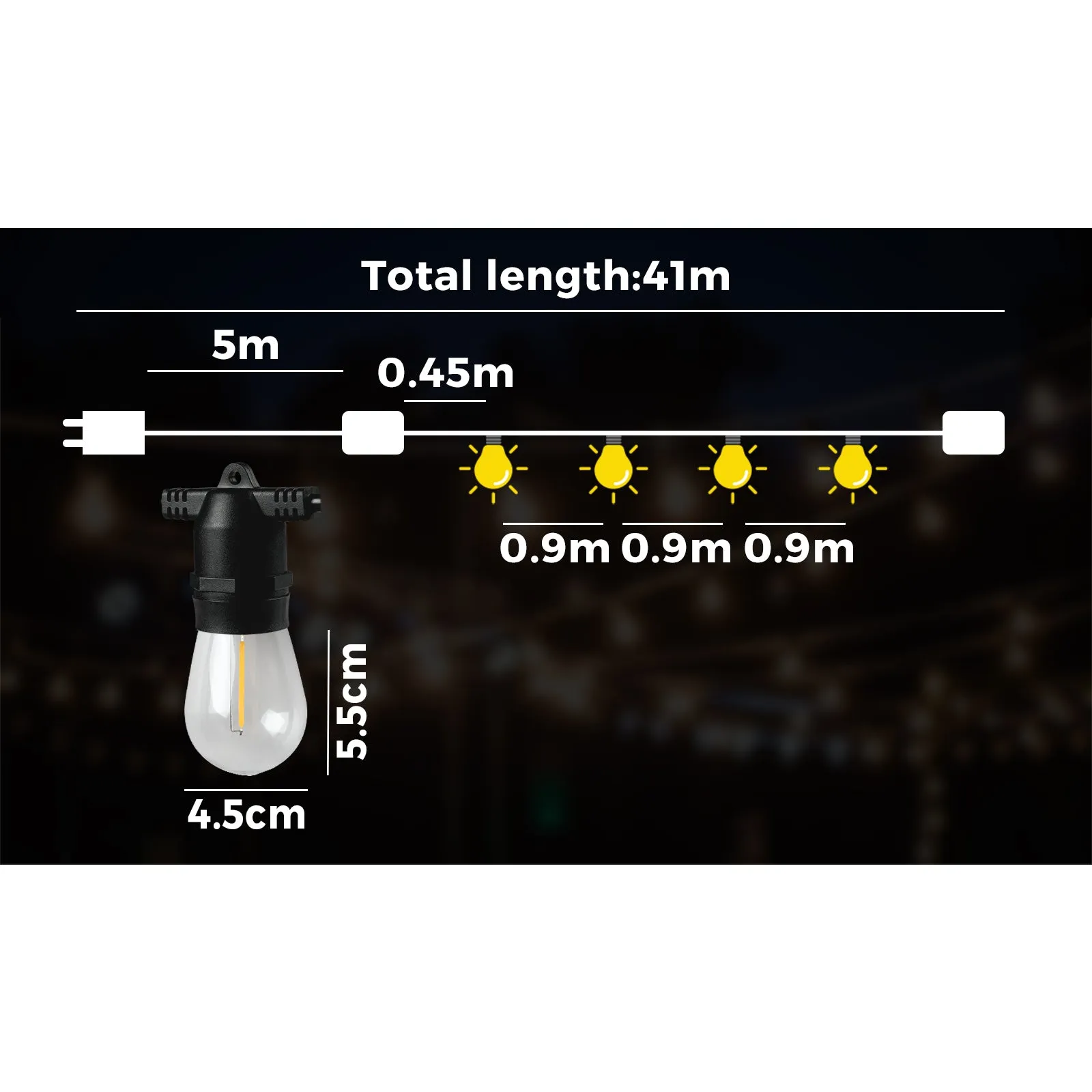 Mazam 41M LED Festoon Lights String Light Waterproof Wedding Party Outdoor