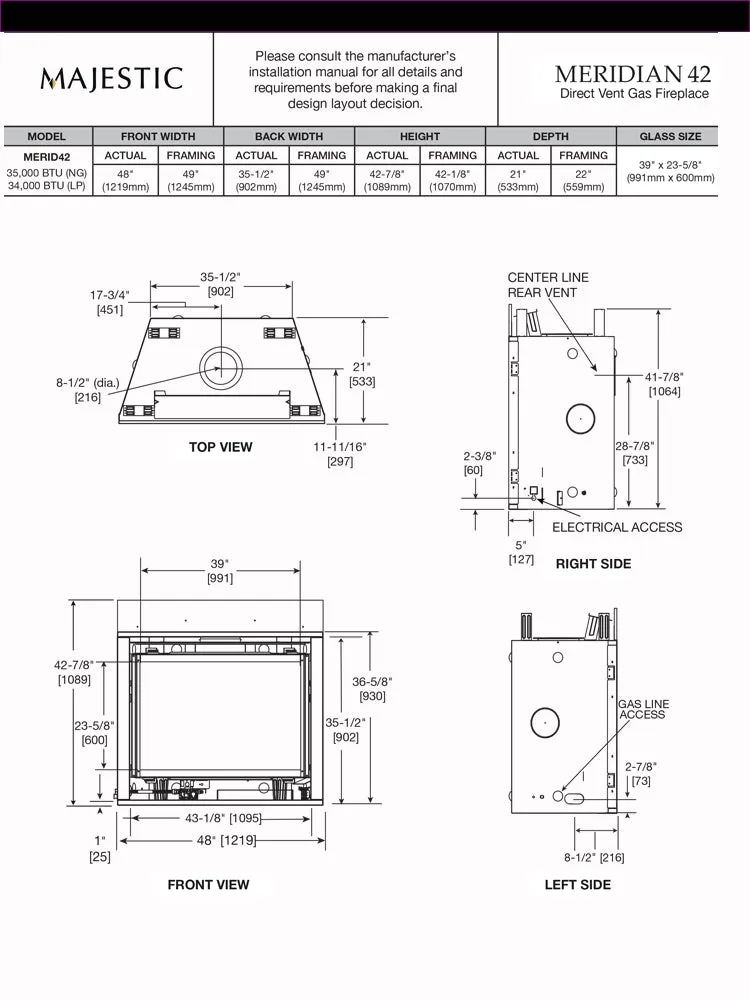 Meridian 42" Top/Rear Direct Vent Fireplace with Intellifire Touch Ignition