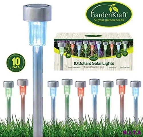 Multi Solar Powered Garden Lights/Set of 10 / Bollard Shape/Colour Changing LED’s/Rechargeable Battery/Auto-On, 10 Pack