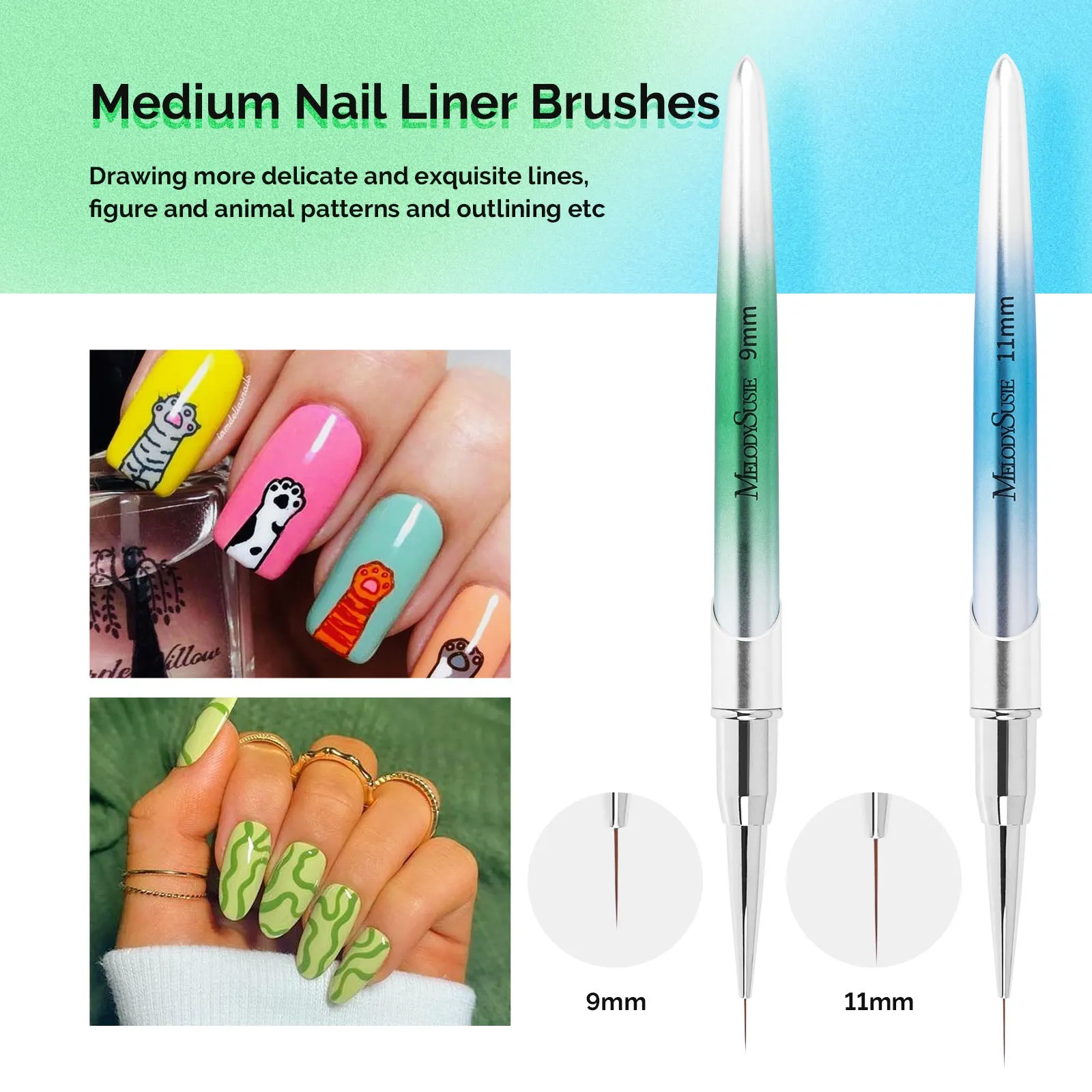 Nail Art Liner Brushes Gradient Metal Handle - Sizes 5/7/9/11/20mm (5Pcs)