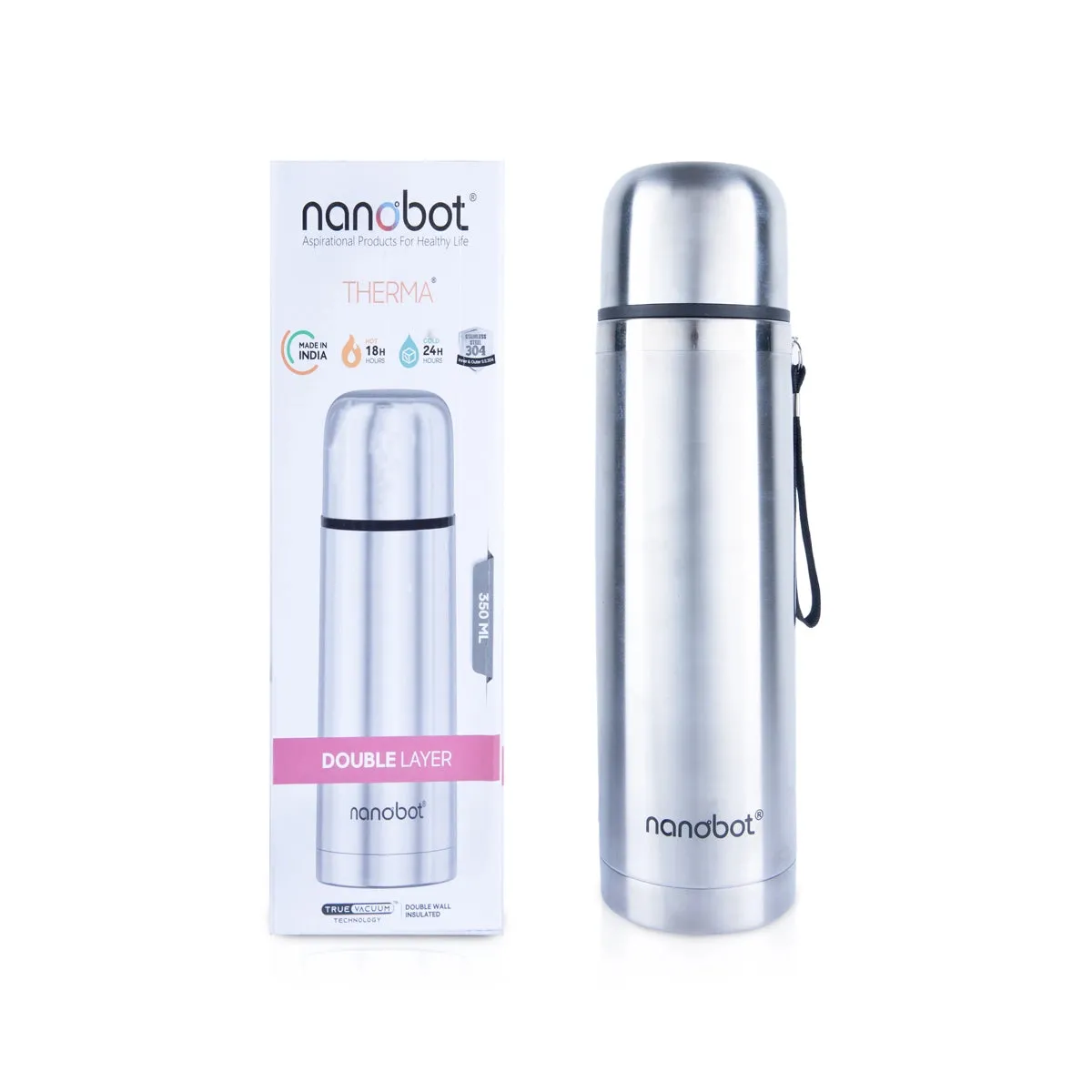 Nanobot Therma Flask - 350 ml | Stainless Steel Water Bottle/ 9 x 2.5 Inches/ Thermosteel Bottle for Home