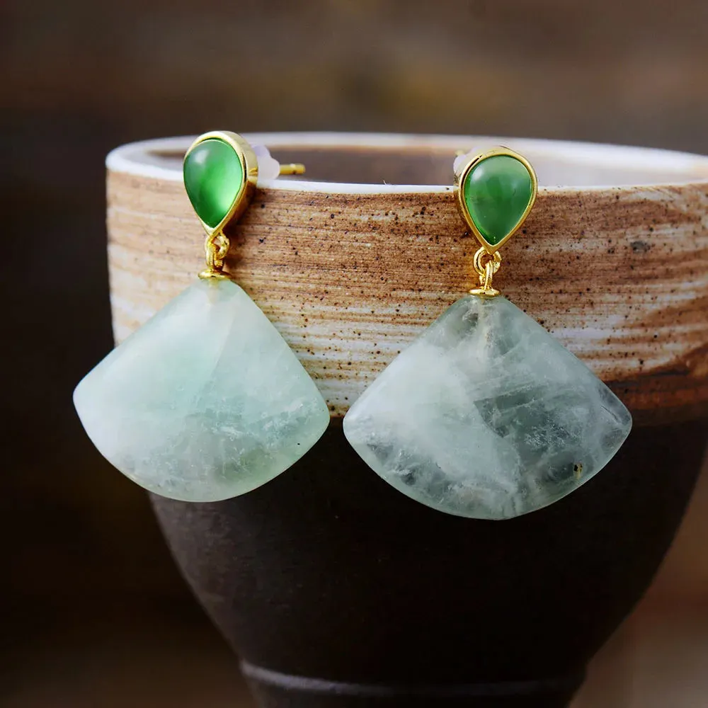 Natural Gemstone Geometric Quartz Fan-Shaped Stud Earrings