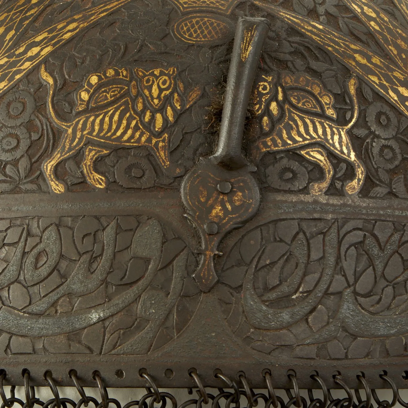 Original Magnificent North Indian Gold and Silver Inlaid Kulah Khud Spiked War Helmet with Matching Dhal Shield - Circa 1800