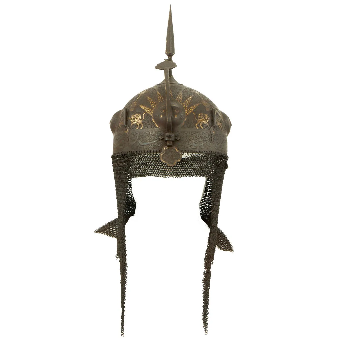 Original Magnificent North Indian Gold and Silver Inlaid Kulah Khud Spiked War Helmet with Matching Dhal Shield - Circa 1800