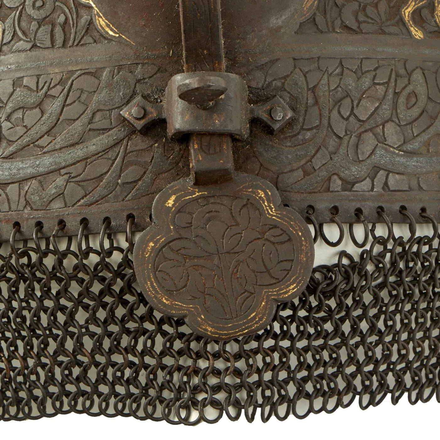 Original Magnificent North Indian Gold and Silver Inlaid Kulah Khud Spiked War Helmet with Matching Dhal Shield - Circa 1800