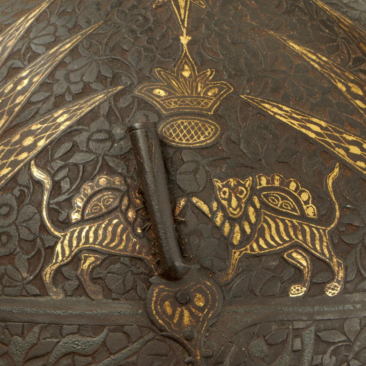 Original Magnificent North Indian Gold and Silver Inlaid Kulah Khud Spiked War Helmet with Matching Dhal Shield - Circa 1800