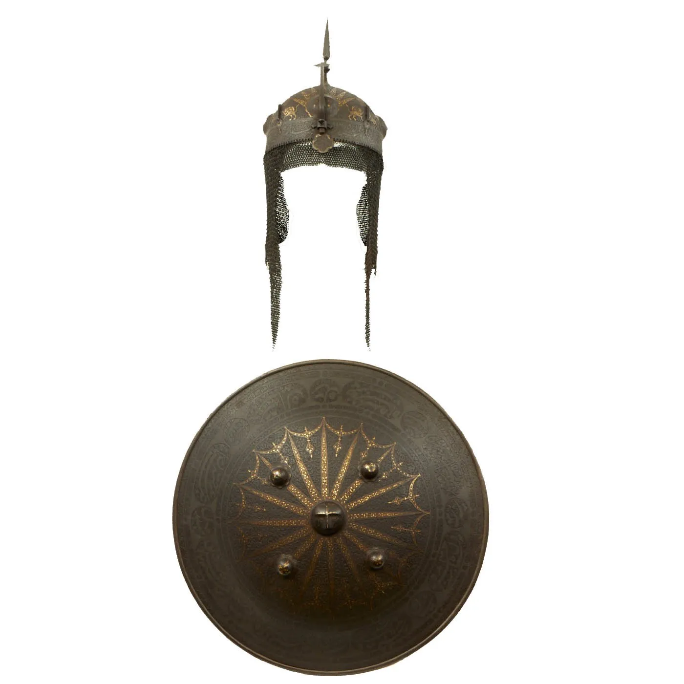 Original Magnificent North Indian Gold and Silver Inlaid Kulah Khud Spiked War Helmet with Matching Dhal Shield - Circa 1800