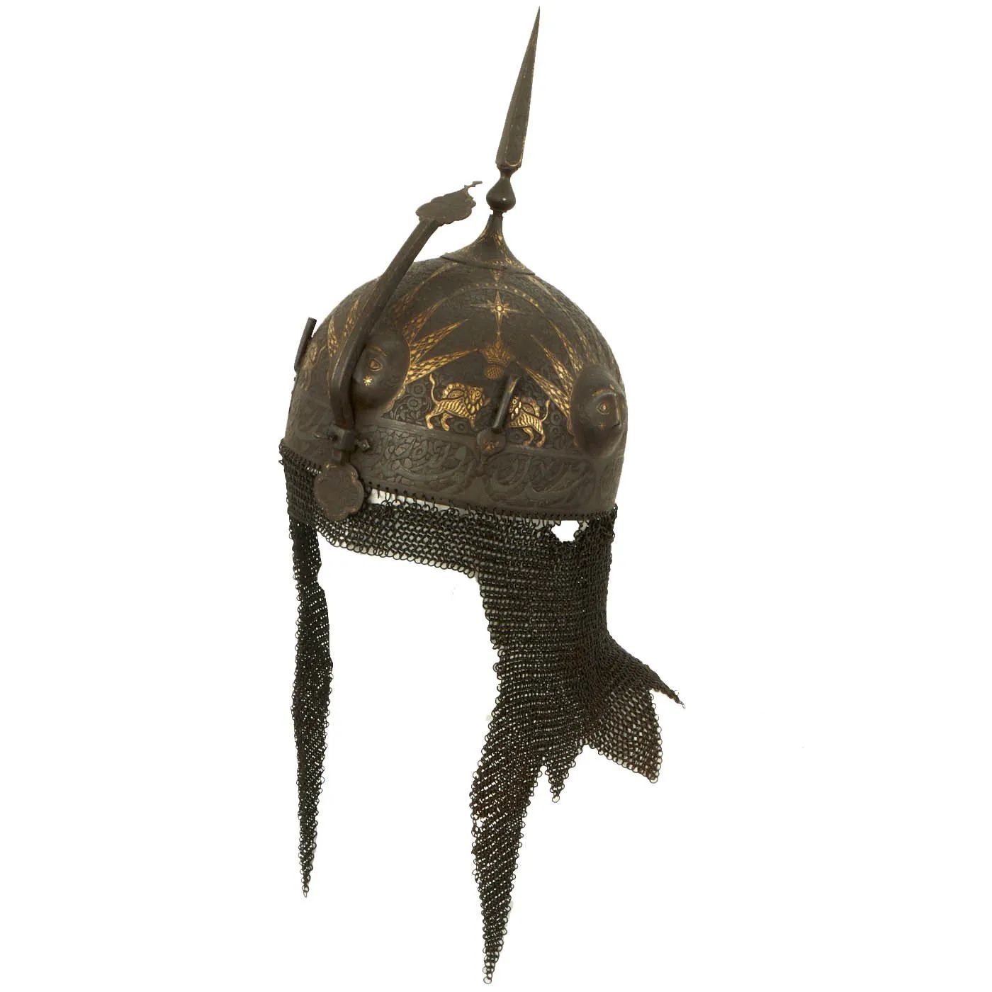 Original Magnificent North Indian Gold and Silver Inlaid Kulah Khud Spiked War Helmet with Matching Dhal Shield - Circa 1800