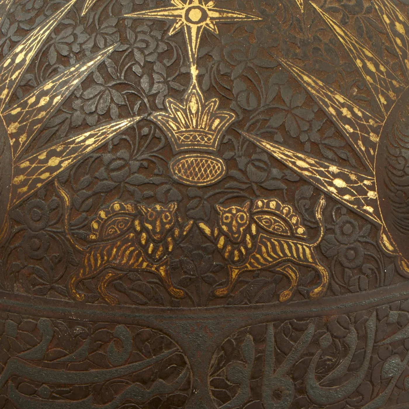 Original Magnificent North Indian Gold and Silver Inlaid Kulah Khud Spiked War Helmet with Matching Dhal Shield - Circa 1800