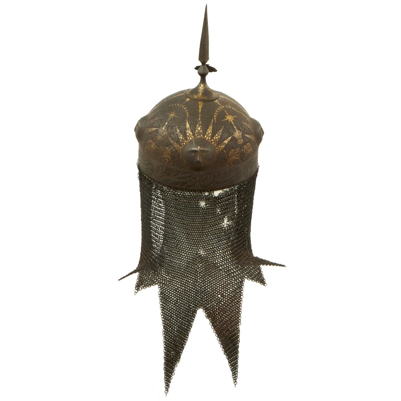 Original Magnificent North Indian Gold and Silver Inlaid Kulah Khud Spiked War Helmet with Matching Dhal Shield - Circa 1800