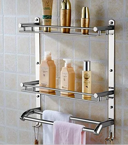 Oslen Stainless Steel Double Layer Chrome Finish Multipurpose Wall Mount Bath Kitchen Bathroom Accessories Rack Shelf, Silver, Set of 1