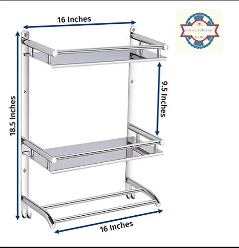 Oslen Stainless Steel Double Layer Chrome Finish Multipurpose Wall Mount Bath Kitchen Bathroom Accessories Rack Shelf, Silver, Set of 1