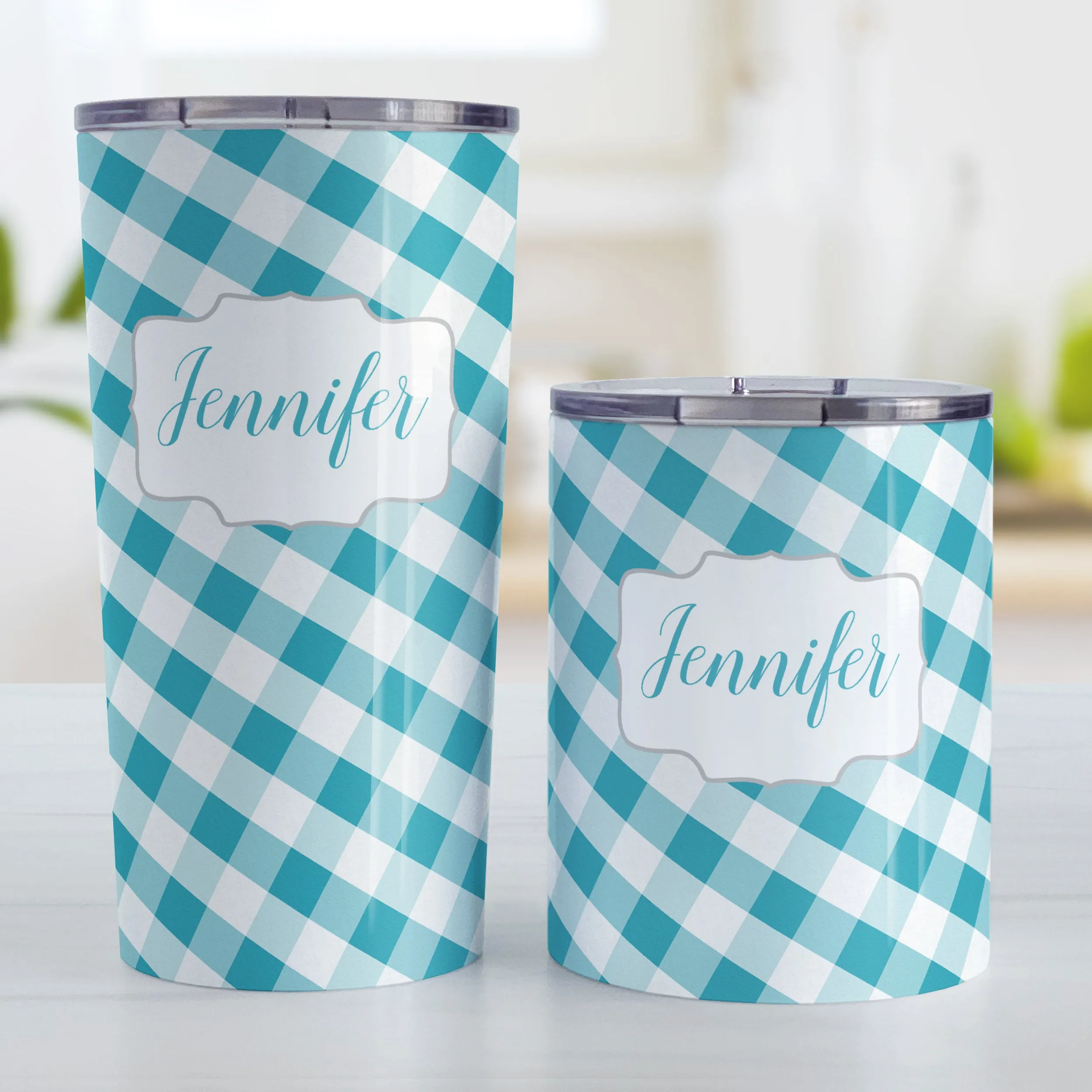 Personalized Turquoise Gingham Tumbler Cup