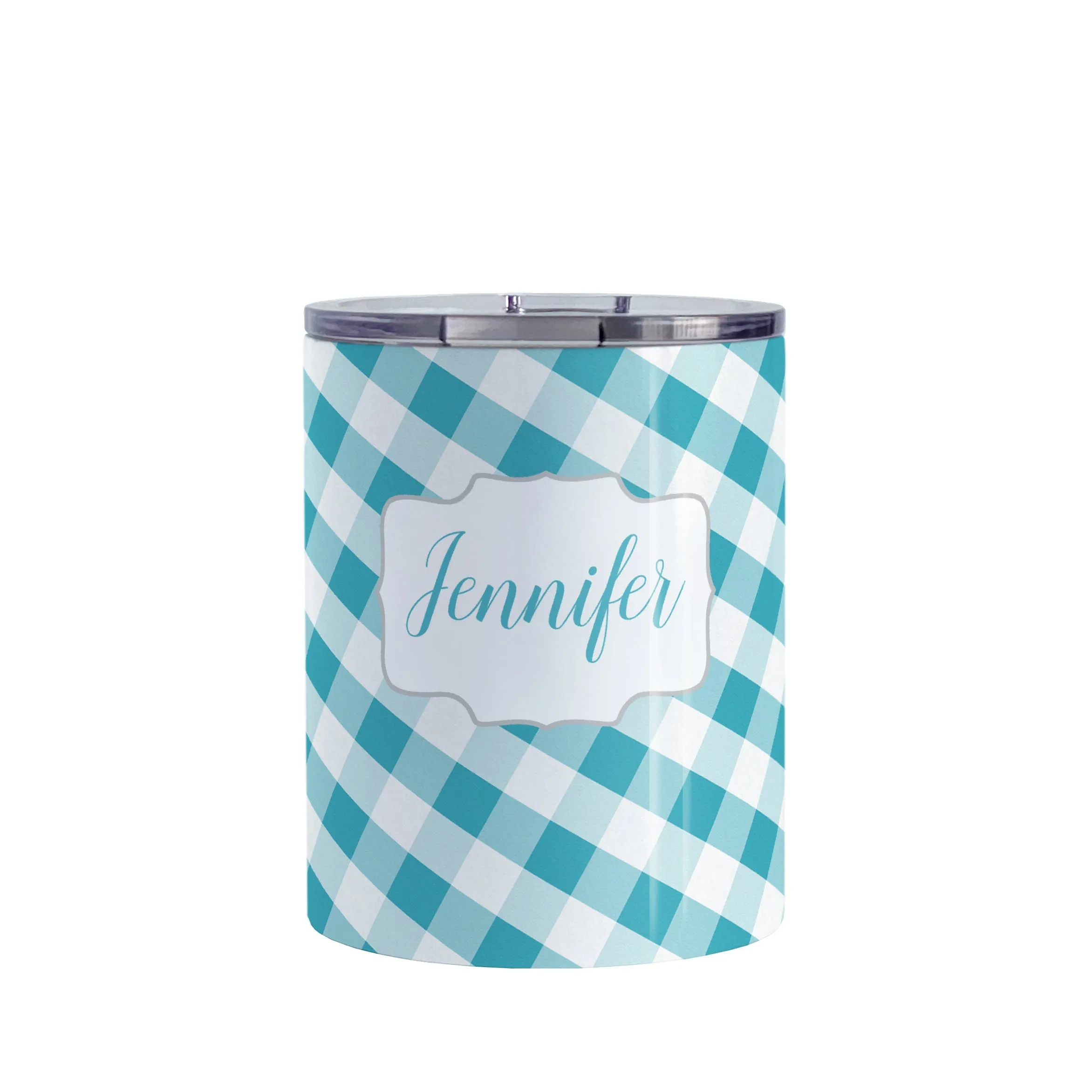 Personalized Turquoise Gingham Tumbler Cup