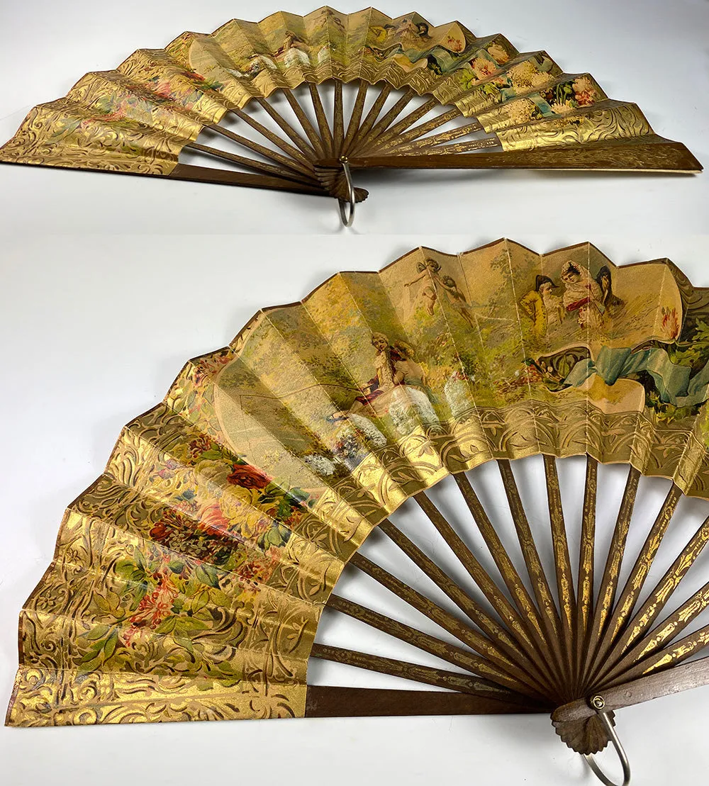 Pretty c.1900 French Hand Colored Print Leaf, 21.75 cm Fan, Au Cotillon Universel, Paris