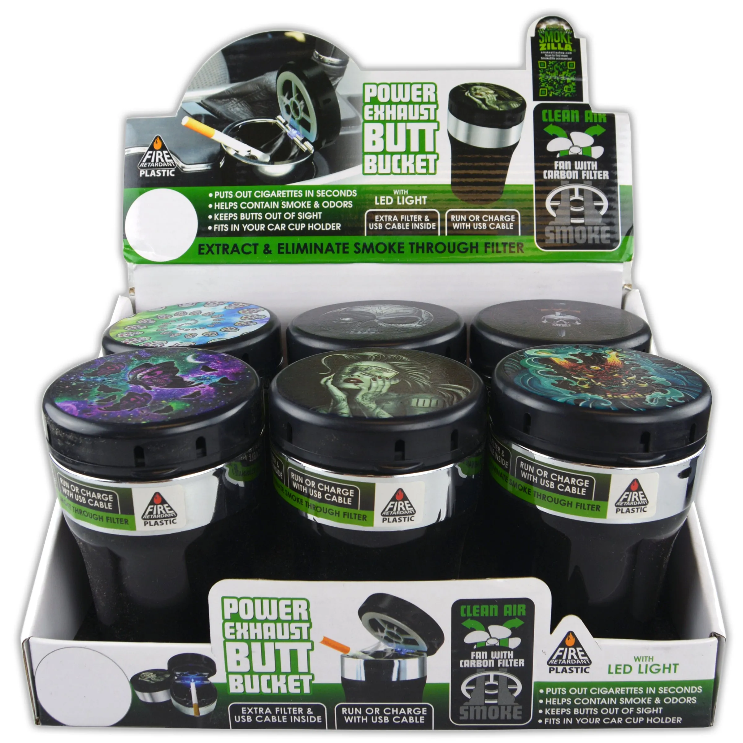 Printed Lid Butt Bucket Ashtray with Power Exhaust Fan - 6 Pieces Per Retail Ready Display 22638