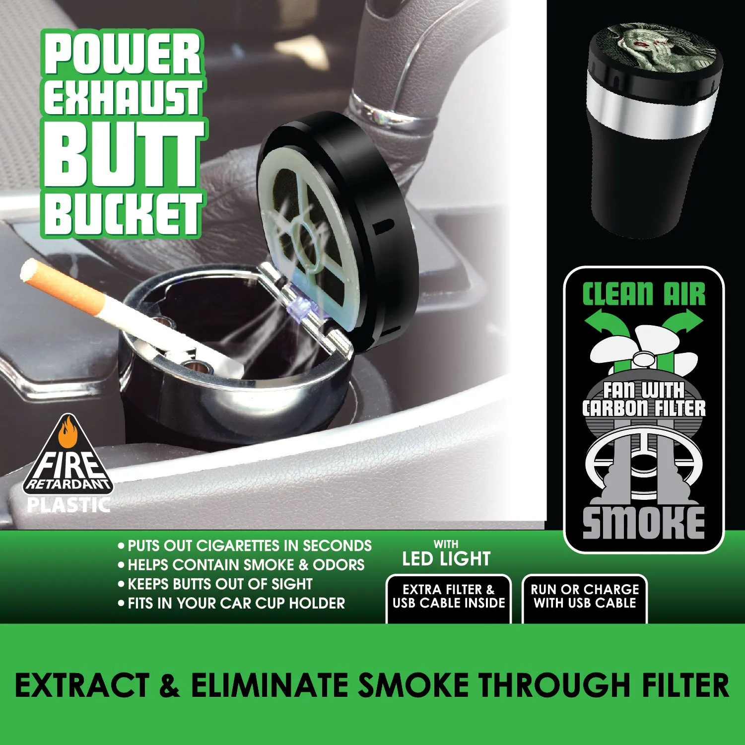 Printed Lid Butt Bucket Ashtray with Power Exhaust Fan - 6 Pieces Per Retail Ready Display 22638