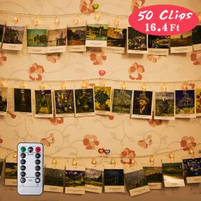 PROLOSO Photo Clips String Lights LED Decoration Light Up Card Display Picture Holder 16.4Ft, 50 Clips, 8 Modes, Warm White with Remote Control