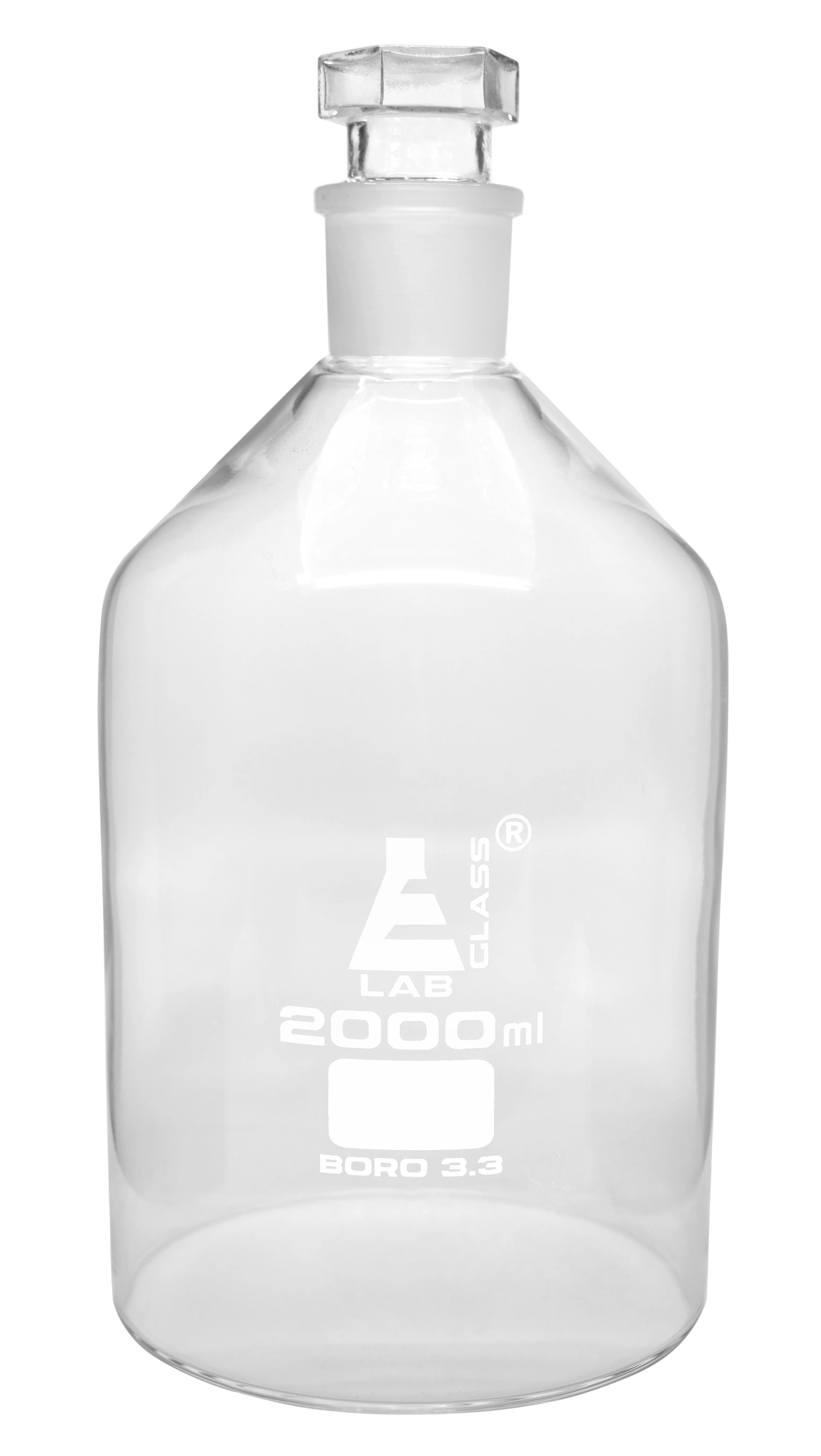 Reagent Bottle, 2000ml, 34/35 Interchangeable Hexagonal Hollow Stopper - Narrow Mouth - Borosilicate Glass - Eisco Labs