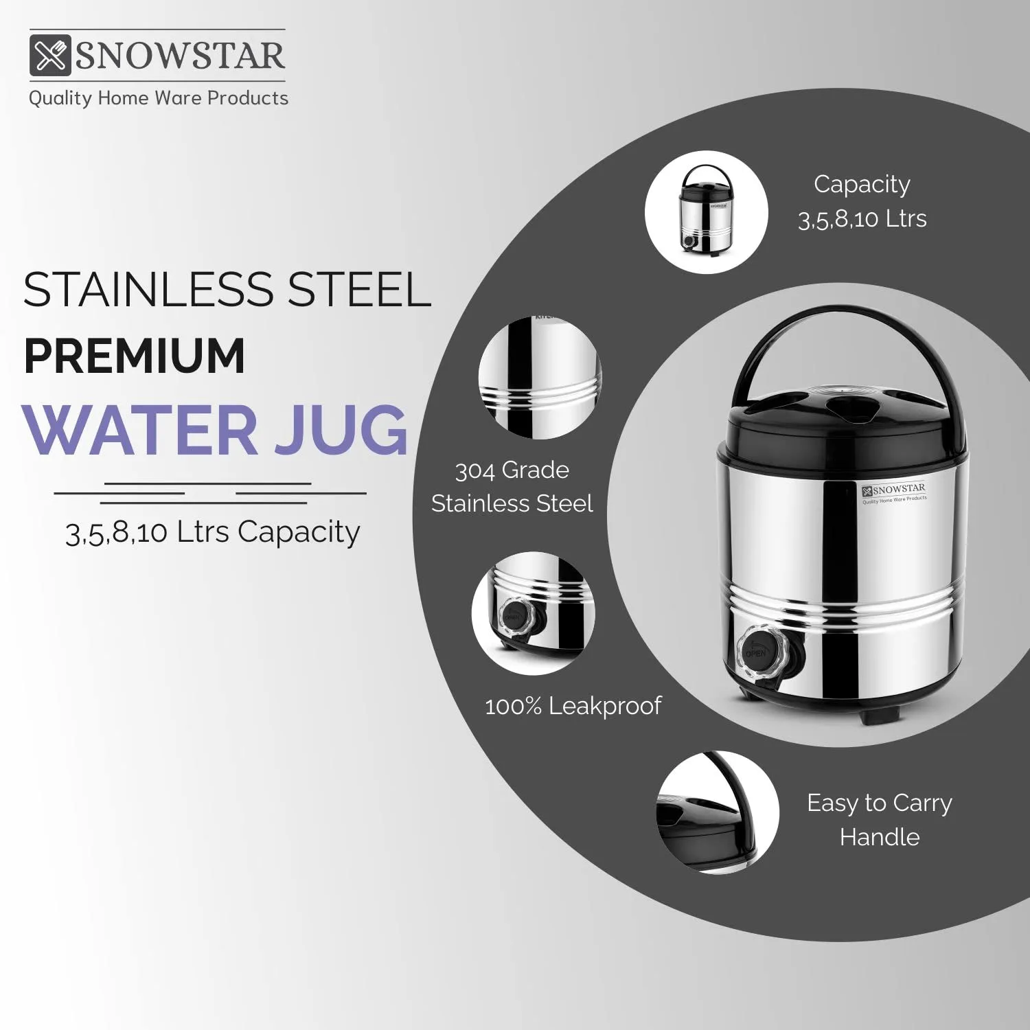 SNOWSTAR Stainless Steel Travel Water 5 Liters for Kitchen I HOT and COLD I Sturdy and Durable I Easy to carry Handle I Office Water Dispenser I Easy to Wash (5 Liters)