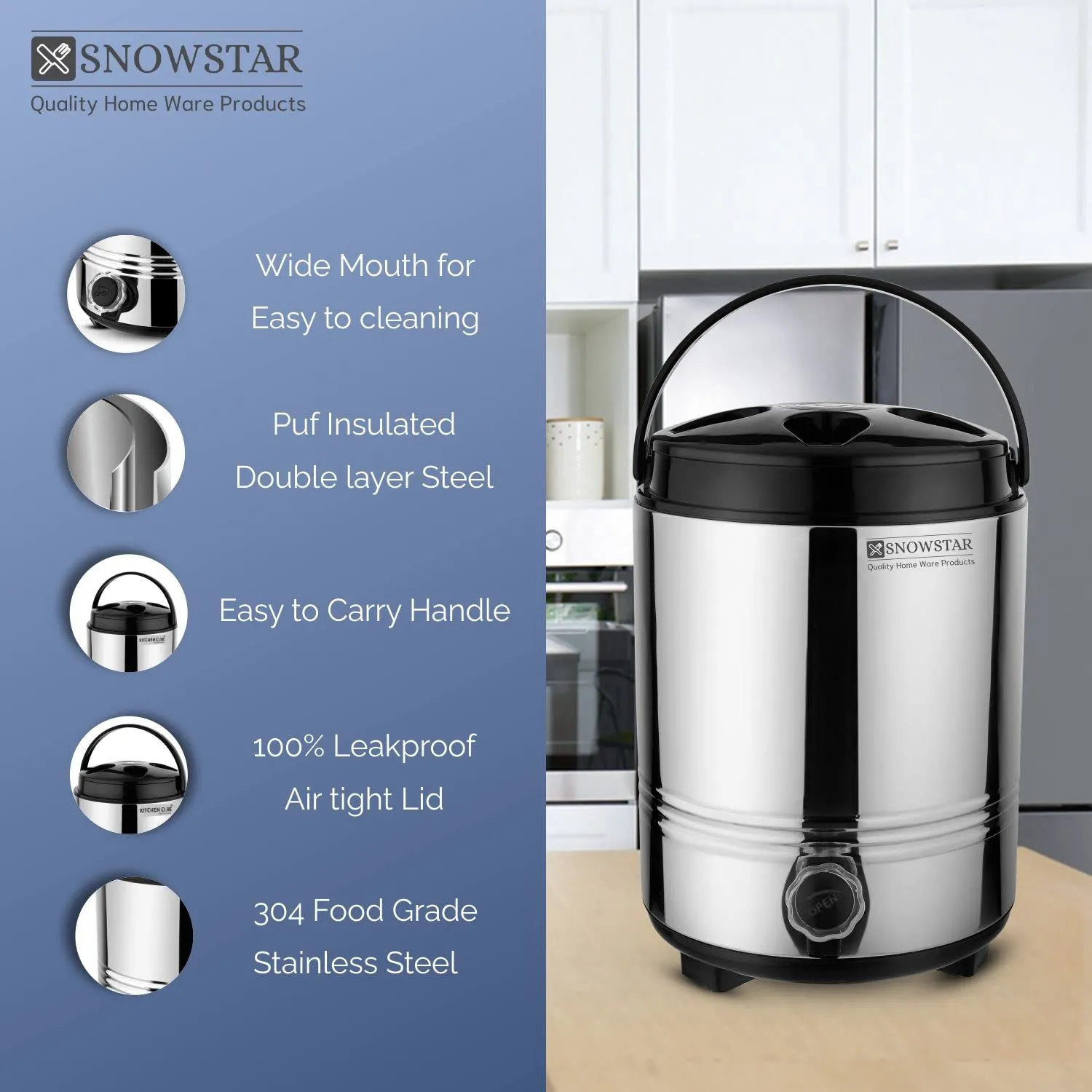 SNOWSTAR Stainless Steel Travel Water 5 Liters for Kitchen I HOT and COLD I Sturdy and Durable I Easy to carry Handle I Office Water Dispenser I Easy to Wash (5 Liters)