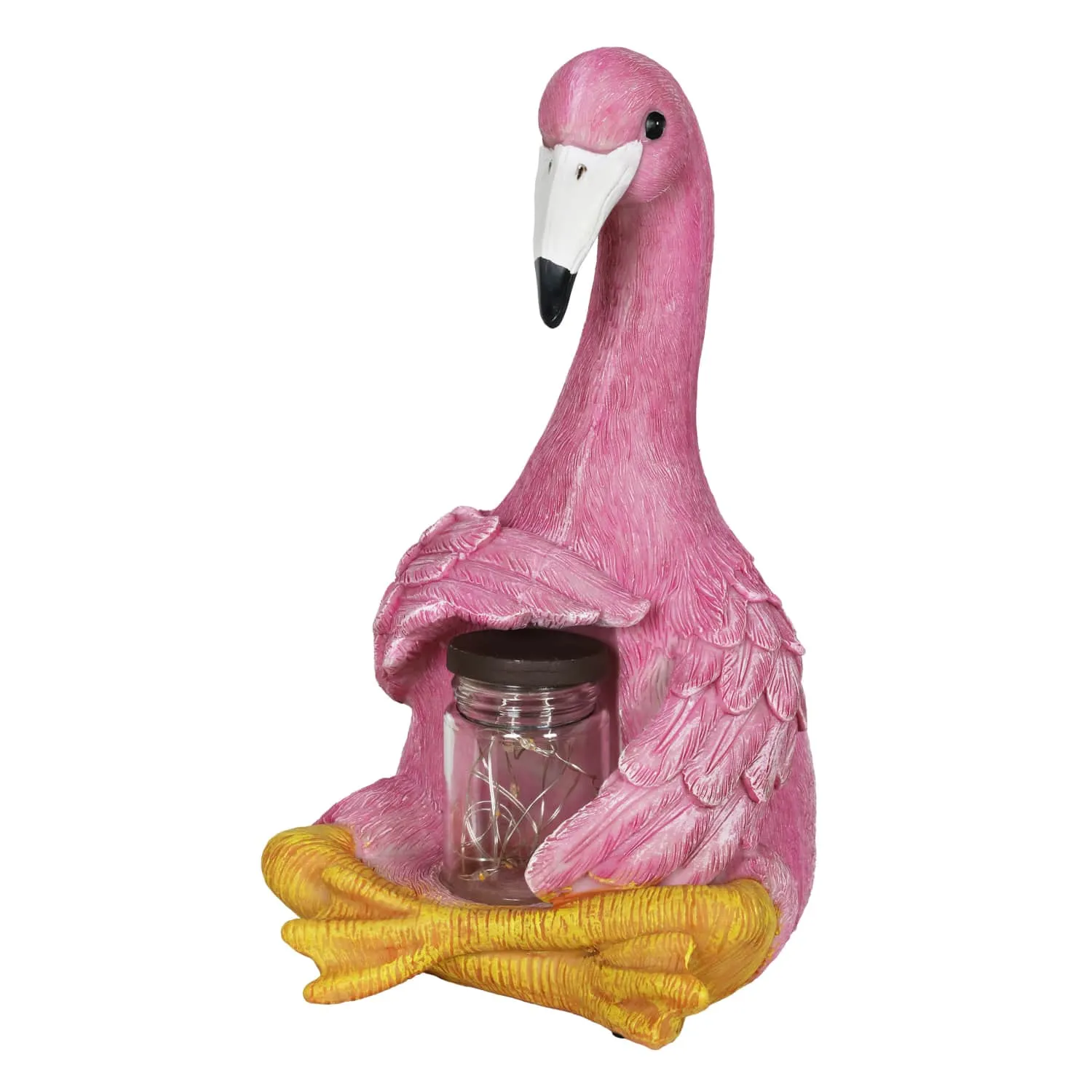 Solar Sitting Flamingo Garden Statue Holding a Glass Jar with Six LED Firefly String Lights