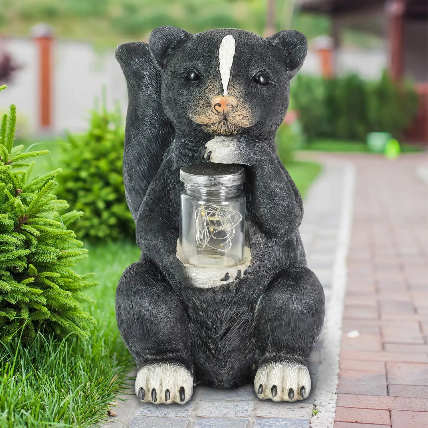 Solar Skunk Garden Statuary with LED Firefly Jar, 10 Inches tall