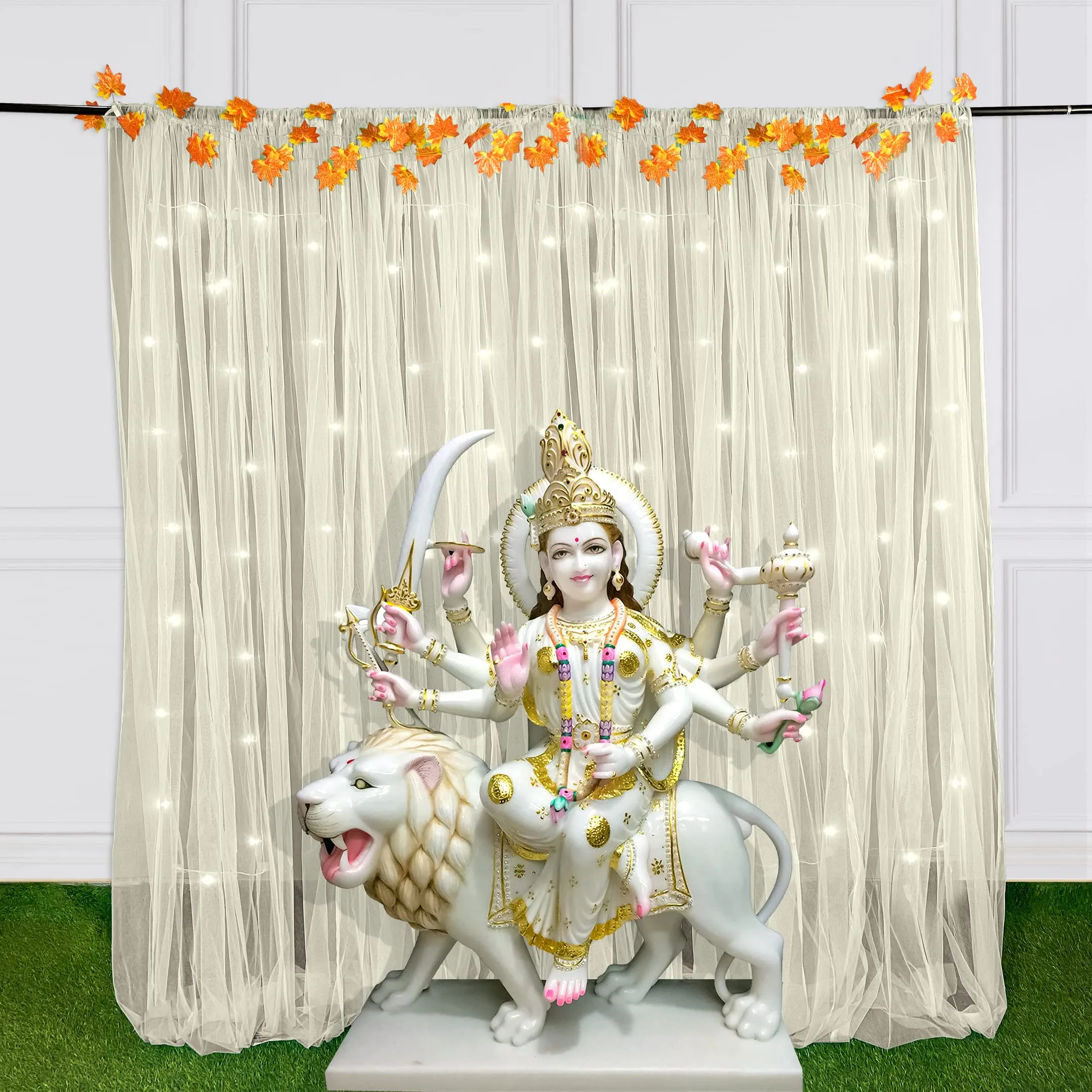 Special You Ganpati Decoration Items for Home, Aesthetic Backdrop Room Decor White Sheer Curtains with Led Lights & Autumn Leaves Vines for Home Decor Items- 10pcs