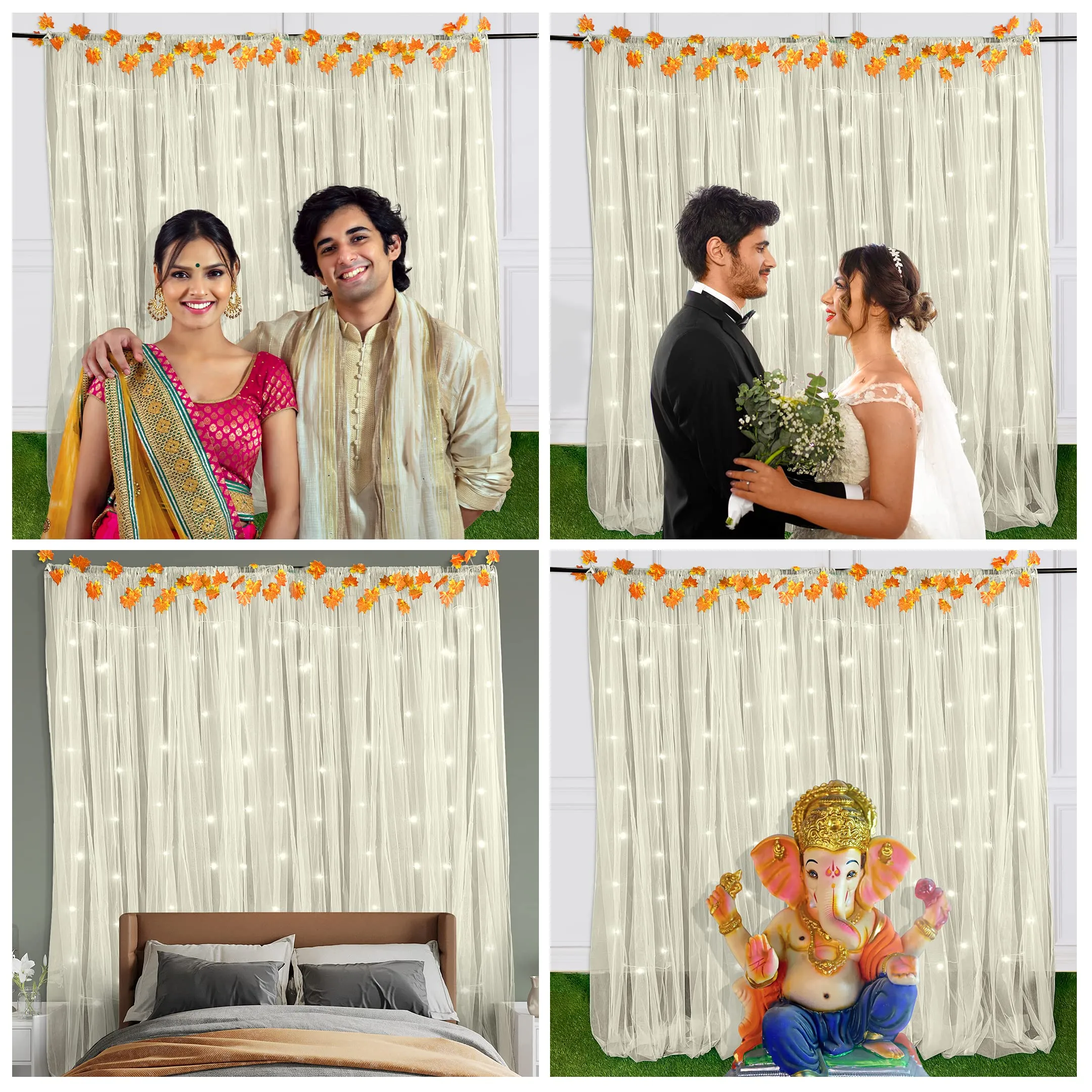 Special You Ganpati Decoration Items for Home, Aesthetic Backdrop Room Decor White Sheer Curtains with Led Lights & Autumn Leaves Vines for Home Decor Items- 10pcs