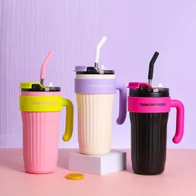 Stainless Steel Tumbler Mug | Coffee Cup with Handle and Straw