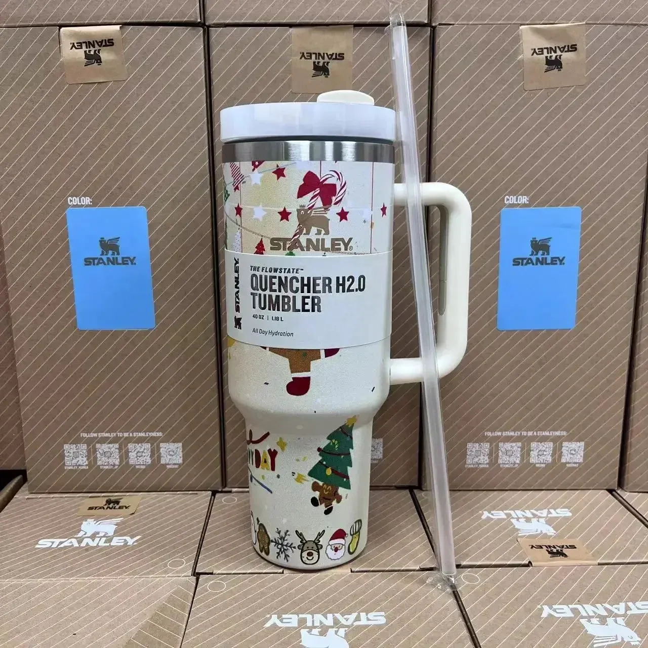 Stanley Christmas 40oz/1.1L Quengher H2.0 Tumbler With Handle Stainless Steel Coffee Termos Cup Car Mugs vacuum cup