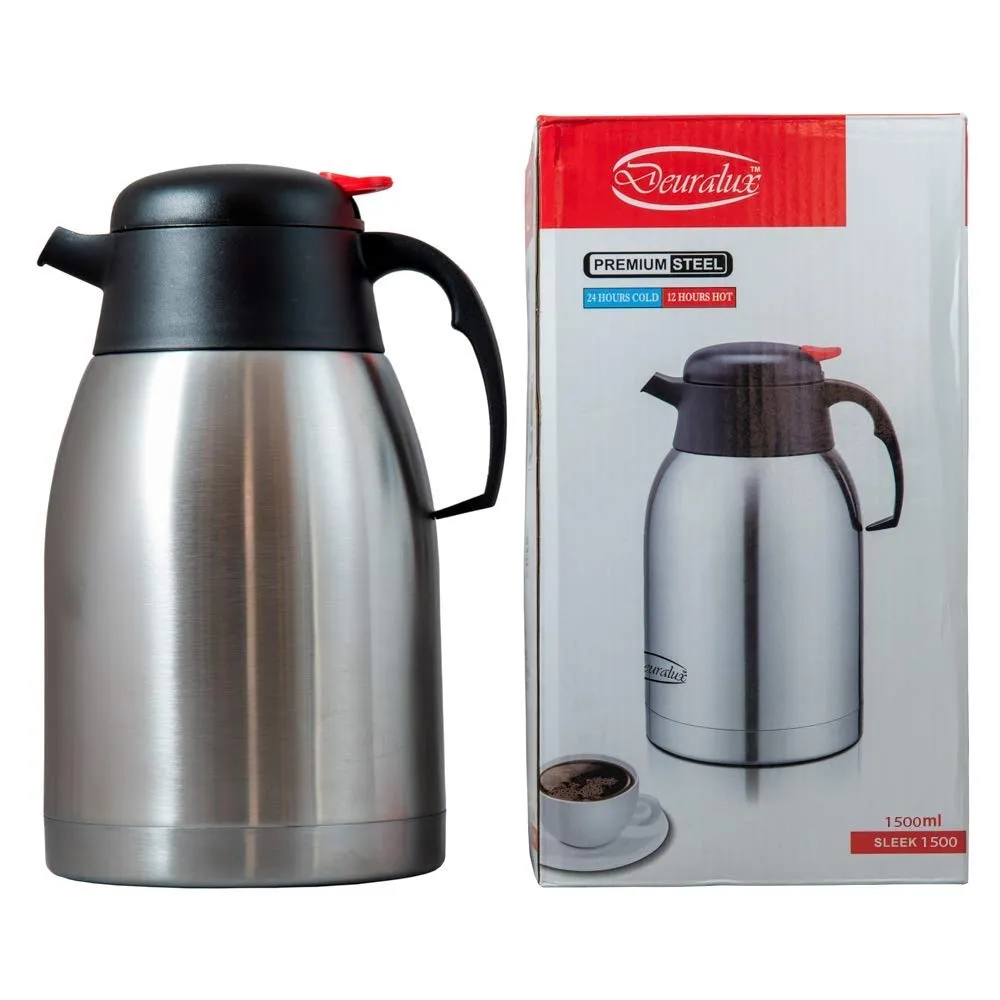 Stemorbit Deuralux Sleek 1500ml , Premium Steel Vacuum Flask for Tea/Coffee 1.5 litres with Handle and Push Button for Pouring (24 Hours Cold-12 Hours Hot) Silver