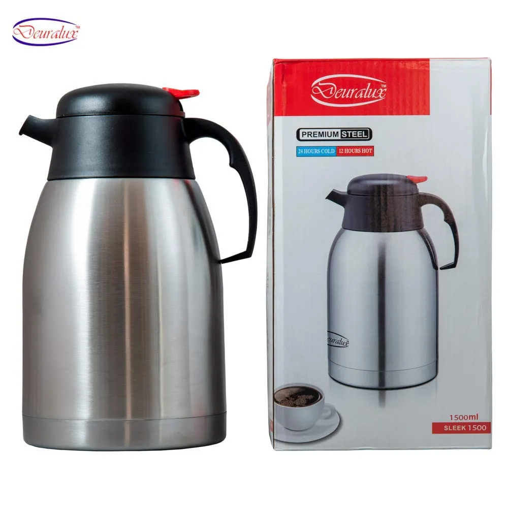 Stemorbit Deuralux Sleek 1500ml , Premium Steel Vacuum Flask for Tea/Coffee 1.5 litres with Handle and Push Button for Pouring (24 Hours Cold-12 Hours Hot) Silver