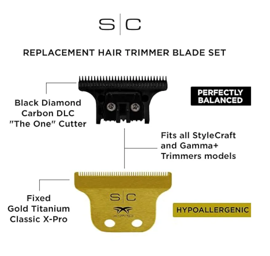 StyleCraft Replacement Fixed Gold Titanium Classic X-Pro Hair Trimmer Blade with Black Diamond Carbon DLC “The One Cutter Set” SC529GB