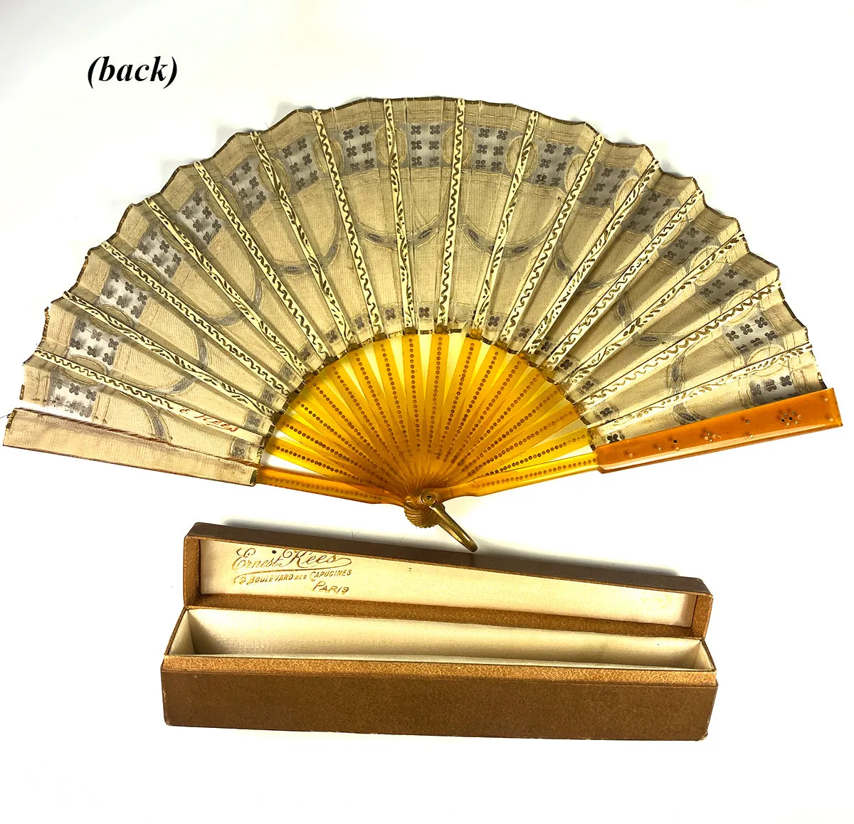 Superb Antique French Sequin Embroidered Hand Fan, Ernest KEES, Paris, Original Box