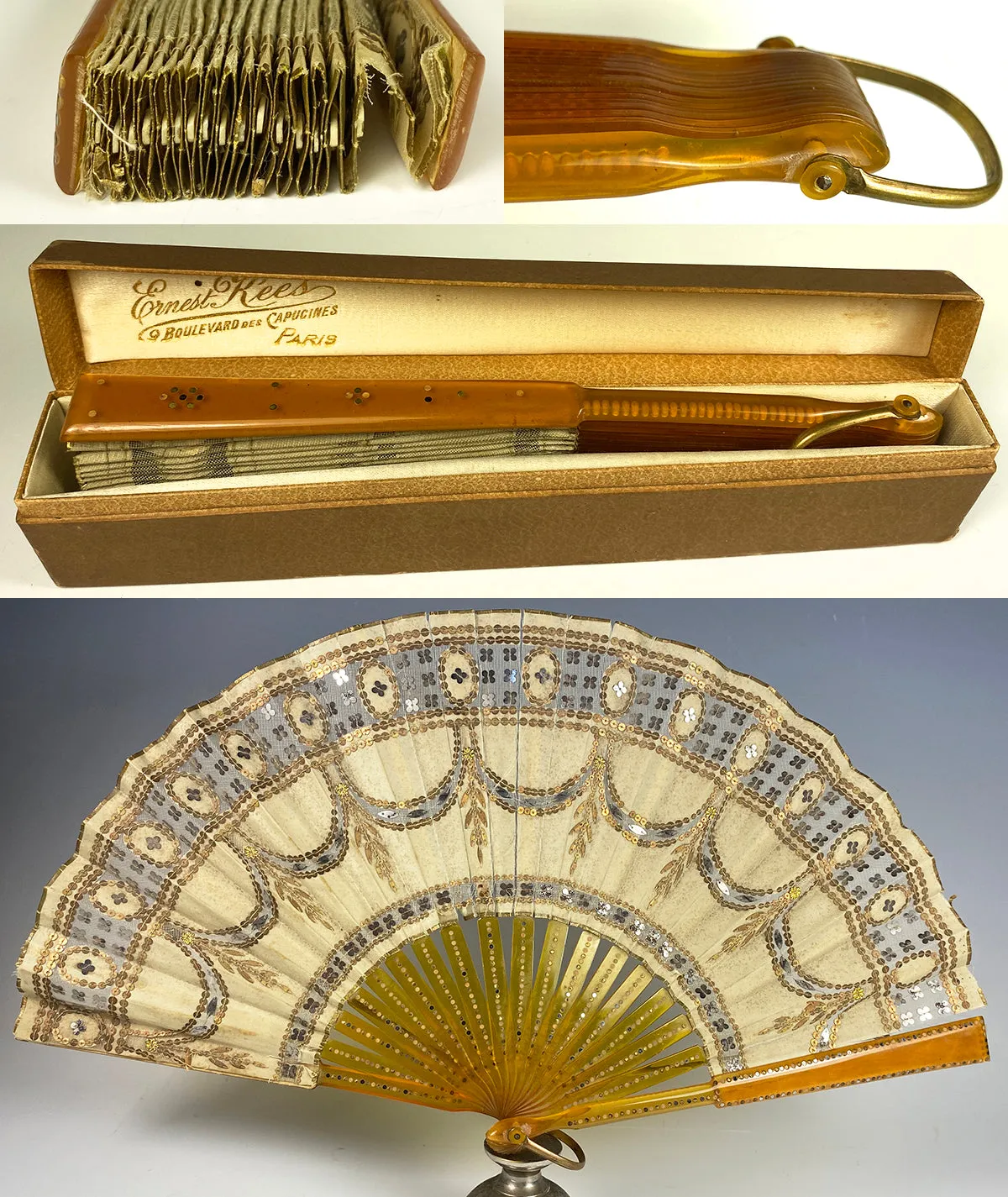 Superb Antique French Sequin Embroidered Hand Fan, Ernest KEES, Paris, Original Box