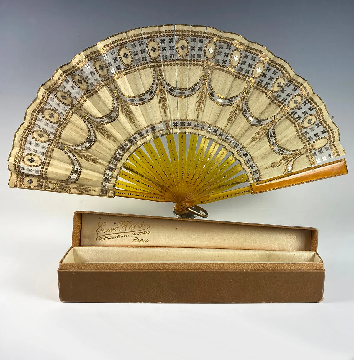 Superb Antique French Sequin Embroidered Hand Fan, Ernest KEES, Paris, Original Box