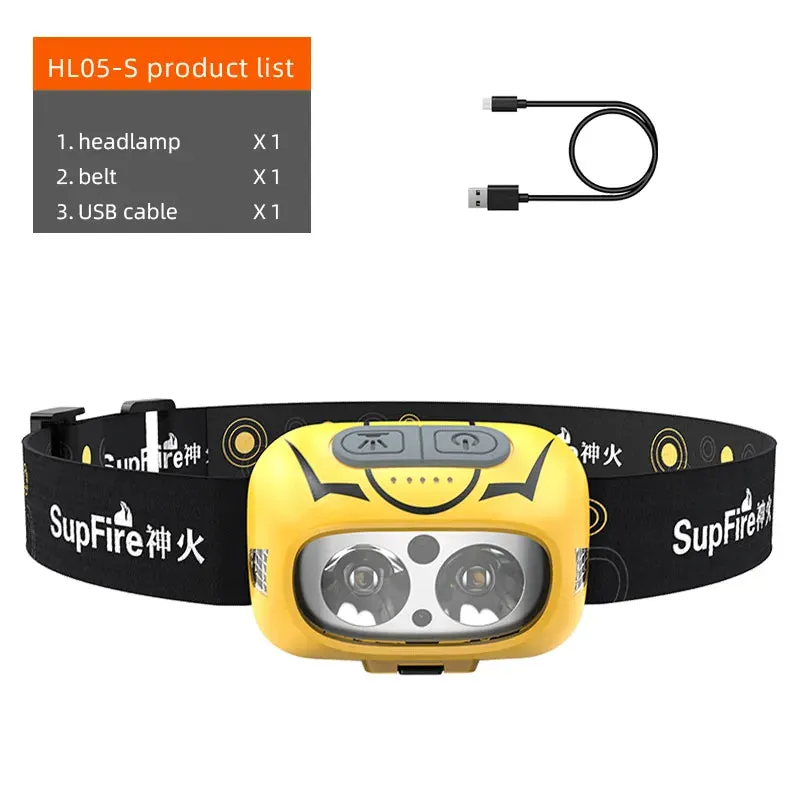 SUPERFIRE HL05-S Powerful LED Headlamp Yellow/White Light Camping Lantern Motion Sensor Rechargeable Stepless Dimming Head Lamp