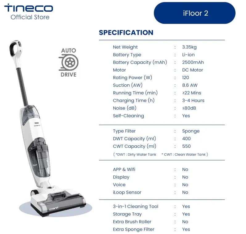 Tineco iFLOOR 2 Cordless Wet Dry Vacuum Floor Cleaner and Mop, One-Step Cleaning for Hard Floors, Great for Sticky Messes and Pet Hair