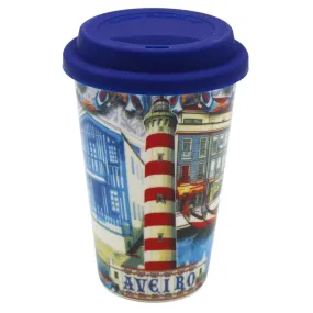 Traditional Portugal Aveiro Blue Ceramic Coffee Mug with Lid