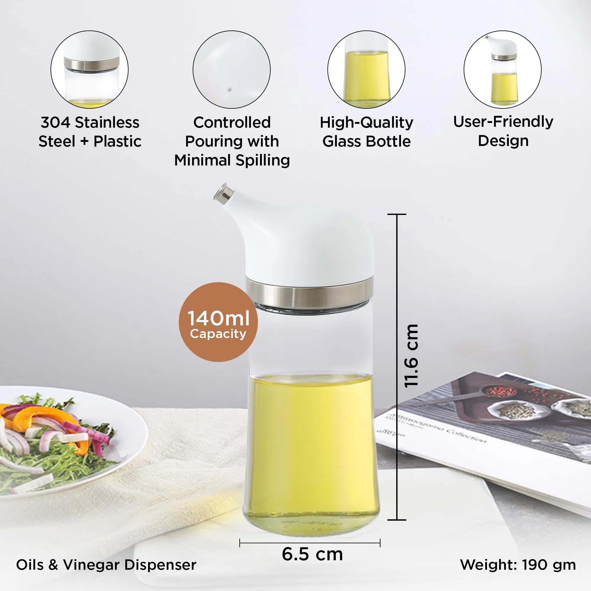 UMAI Small Glass Oil Dispenser With Leakproof Lid (140ml) | Oil Container Bottle For Kitchen | Oil Jar | Vinegar Dispenser | Glass Oil Bottle | Oil Can For Kitchen (White Cap)