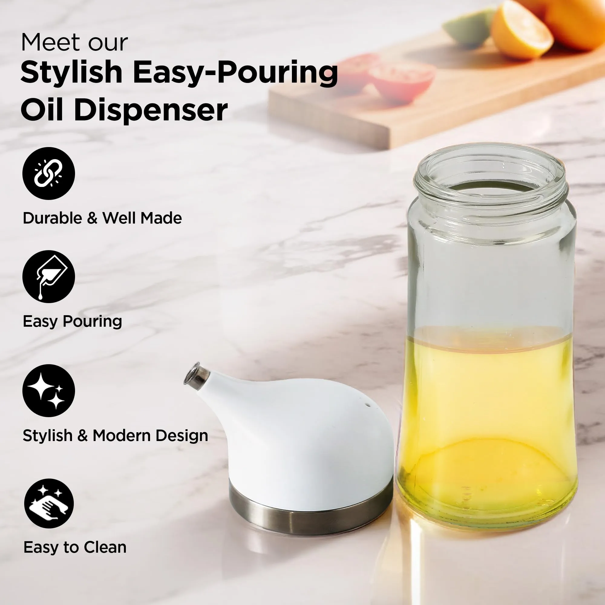 UMAI Small Glass Oil Dispenser With Leakproof Lid (140ml) | Oil Container Bottle For Kitchen | Oil Jar | Vinegar Dispenser | Glass Oil Bottle | Oil Can For Kitchen (White Cap)