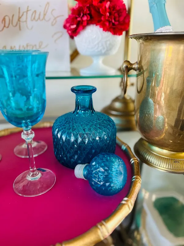 Vintage Decanter Blue Cut Glass Diamond Pattern