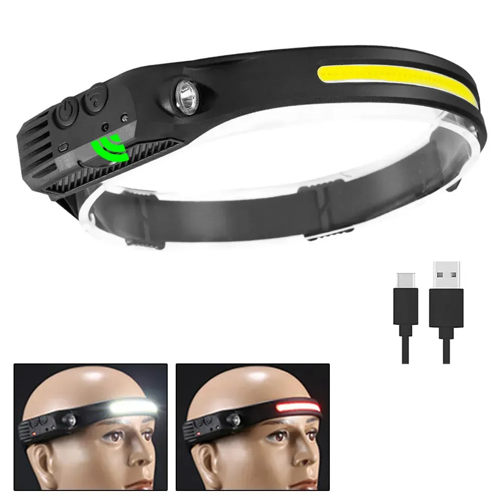 Wave Induction Headlamp COB LED Head Lamp With Built-in Battery Flashlight USB Rechargeable Torch Outdoor Lighting Work Light