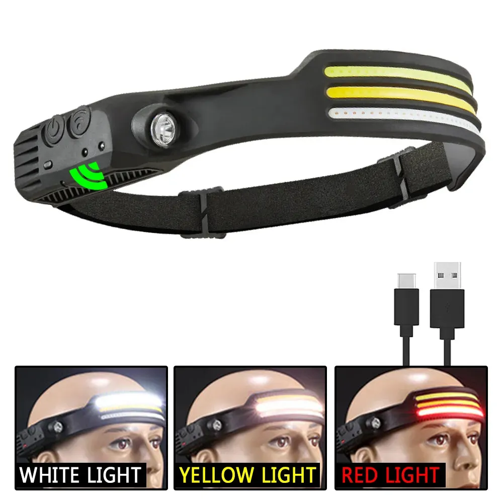 Wave Induction Headlamp COB LED Head Lamp With Built-in Battery Flashlight USB Rechargeable Torch Outdoor Lighting Work Light